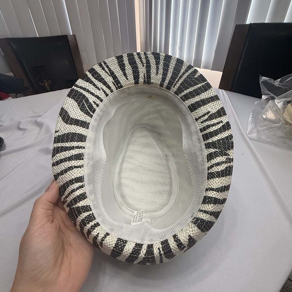 Zebra Print Paper Straw Fedora Hat with Feather Detail - Picture 6 of 7